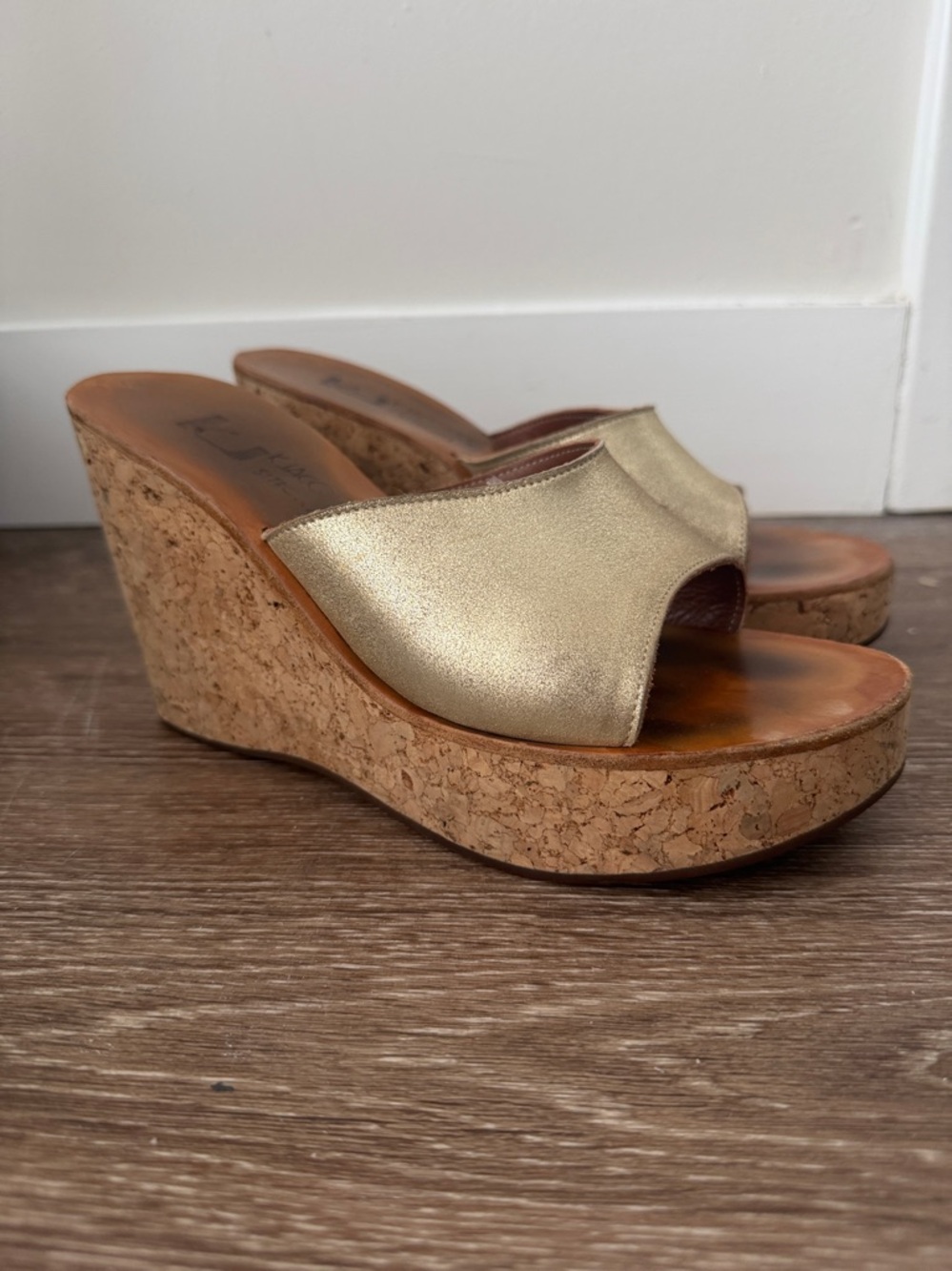 K jacques st tropez gold wedge platform slides cork heel size 39 / 8.5